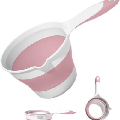 Collapsible Water Ladle Plastic Folding Dipper for Pet Bath Soaking Cleaning, Portable Water Pourer Scoop Spoon for Camping Travel, Small Shower Bucket Basin Tub Rinse Cup Mug for Hair Washing, Pink