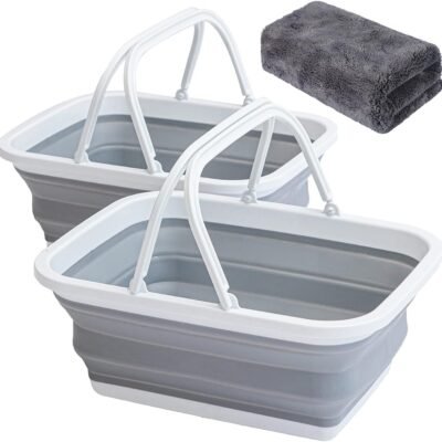 2 Pack Collapsible Sink with Handle Towel, 2.37 Gal / 9L Foldable Wash Basin for Washing Dishes, Camping, Hiking and Home Gray
