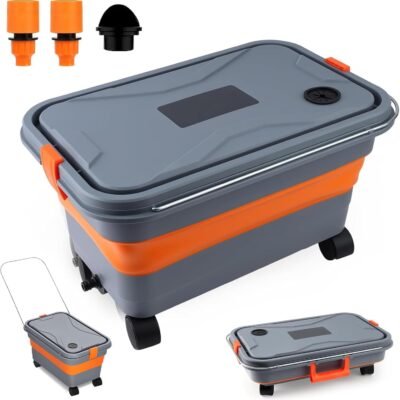 Collapsible Bucket 5.8 Gallon for Car Washing with Wheels, Drain Plug, Universal Connectors for Cordless Pressure Washer, Foldable Car Wash Bucket for Car,Mop Cleaning, Camping, RV, Pet Bath​